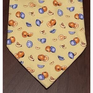 Celio Gold Blue Orange 100% Silk Men’s Neck Tie Made In Italy Orange Lemon Print